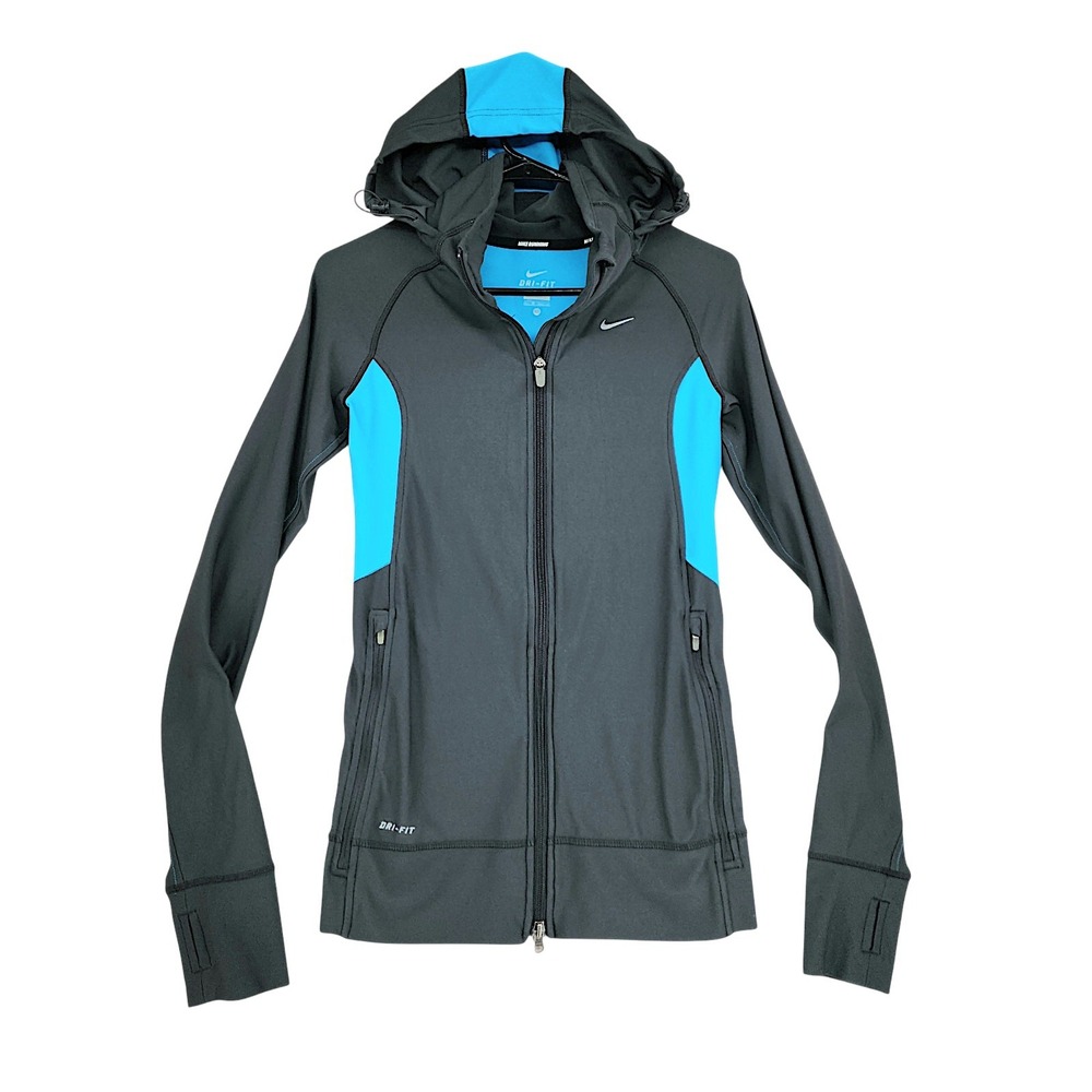 Nike Running Jacket XS Women Gray Blue Dri-FIT Hooded Thumbhole Activewear Zip